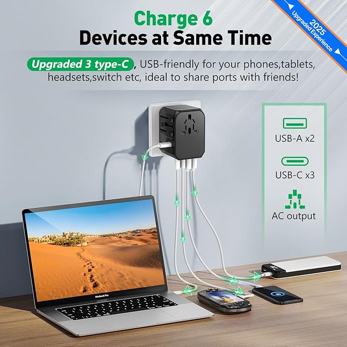 Universal Travel Adapter International Plug - European Travel Plug Adapter Worldwide US AUS EU UK Spain Germany Ireland Italy - All-in-one Travel Outlet Power Adapter with 3 USB C 2 USB A