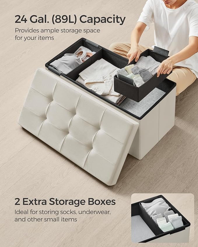 SONGMICS Mazie Collection - Storage Ottoman Bench, Foldable Foot Rest, 15 x 30 x 15 Inches, End of Bed Bench, Storage Chest, Load 660 lb, Living Room, Bedroom, Entryway, Cream White ULSF247W01