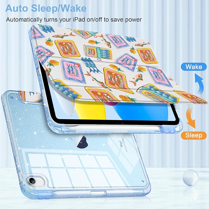 MEEgoodo Case for iPad A16 11th Generation 2025/10th Generation 2022 Glitter Tablet Cases with Transparent Acrylic Back+Trifold Stand +Pencil Holder+Auto Wake/SleepAbstract Sun &amp Palm Tree