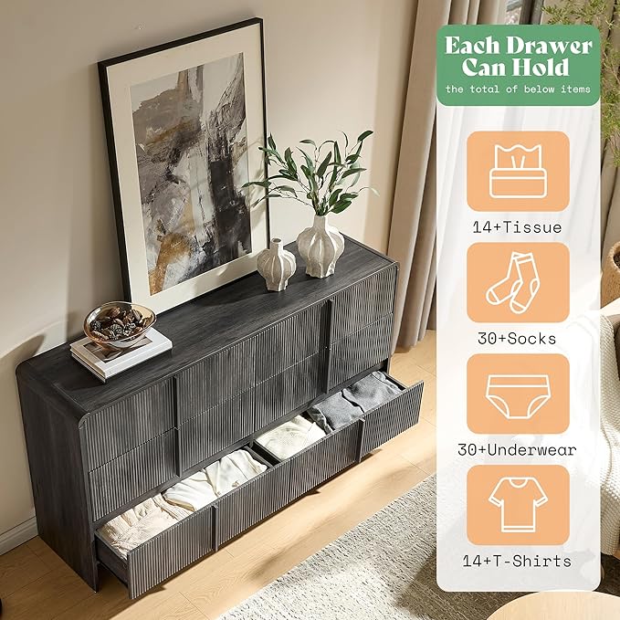 AMERLIFE 63" Fluted 6 Drawer Dresser, Long Modern Chest of Storage Drawers with Pine Handles, Rounded Corners & Anti-Tip Design, Wood Closet Organizer for Bedroom, Living Room, Nursery, Black