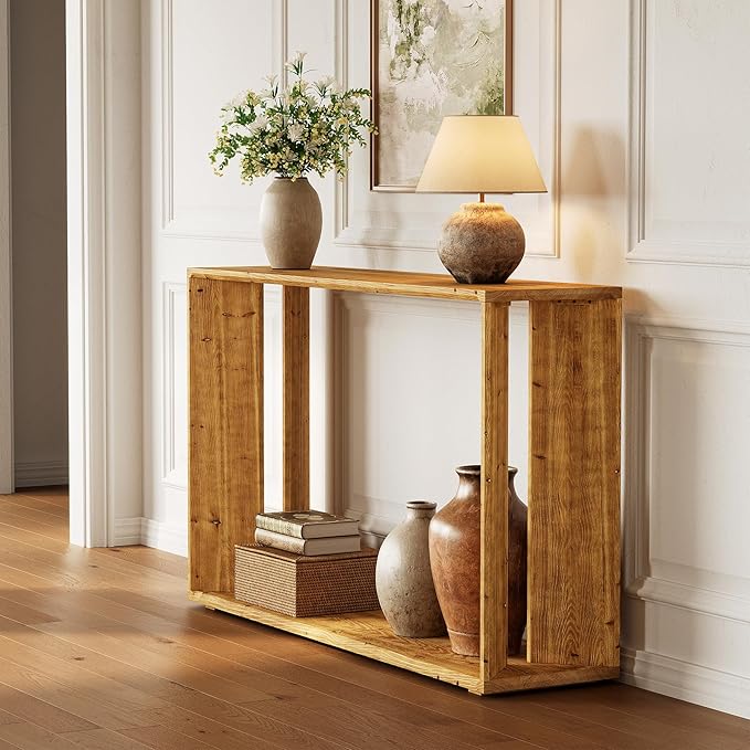 2-Tier Solid Wood Console Table for Living Room, 55" Farmhouse Entryway Table Indoor for Foyer, Hallway (Brown)