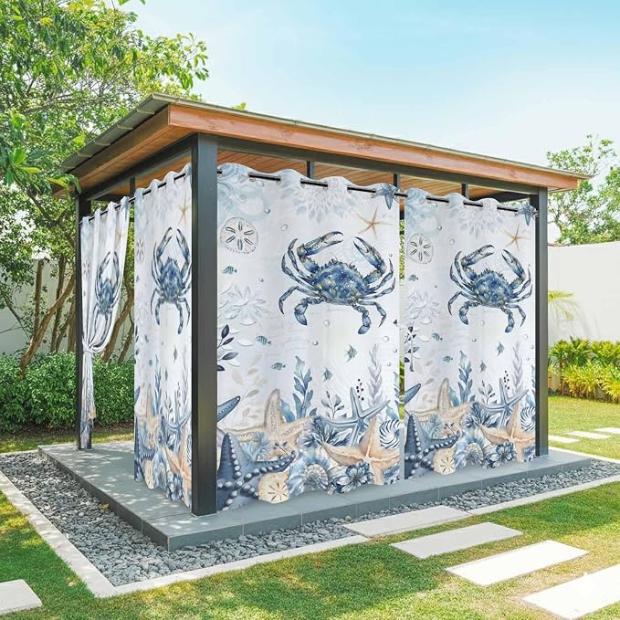 Oceans Outdoor Curtains for Patio Crabs Marine Life Shell Starfish Blue