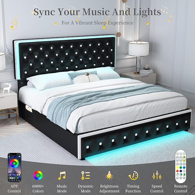 King Led Bed Frame with 2 Drawers, Modern Heavy Duty Upholstered Platform King Size Bed Frames with Crystal Button Tufted Headboard, Solid Slats, Noise Free, No Box Spring Needed, PU Black