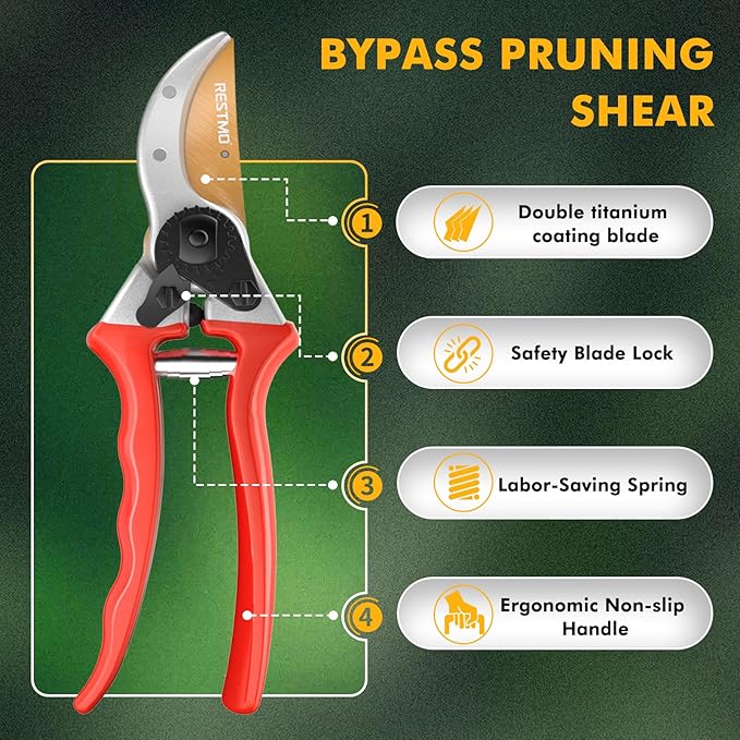 RESTMO 8.6" Professional Pruning Shears, Premium Titanium SKS5 Steel Blade, Forged Aluminum Handles for Durability & Long-Lasting Sharpness, Bypass Pruners for Gardening, Clippers & Scissor Tool