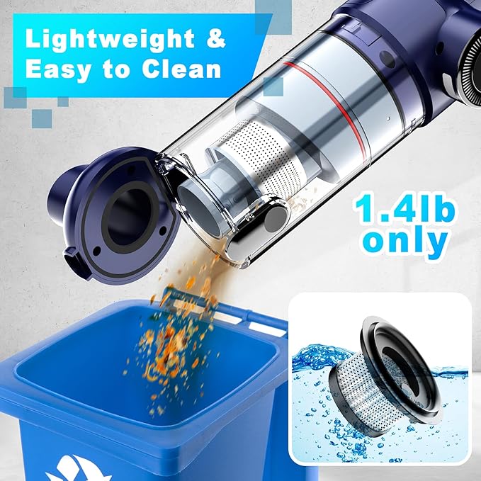 MONOZEL Handheld Vacuum Cordless - Car Vacuum Cleaner with Brushless Motor, 15kPa Powerful Suction Vacuum with LED Light, Type C Port, 2 Fliters, Portable Hand Vacuum for Home, Pet and Car