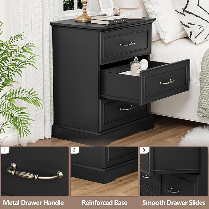 Nightstand Set of 2,24" Wide End Table with 3 Large Drawers & Metal Handles,Rustic Farmhouse Wood Small Dresser,Bedside Table,Modern Chest of Drawers for Bedroom,Living Room,Black