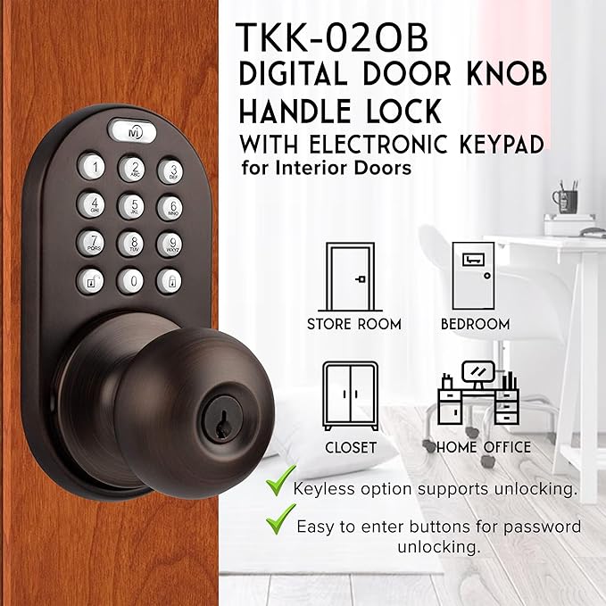 MiLocks TKK-02OB Digital Door Knob Lock with Electronic Keypad, Oil Rubbed Bronze, Keypad Lockable