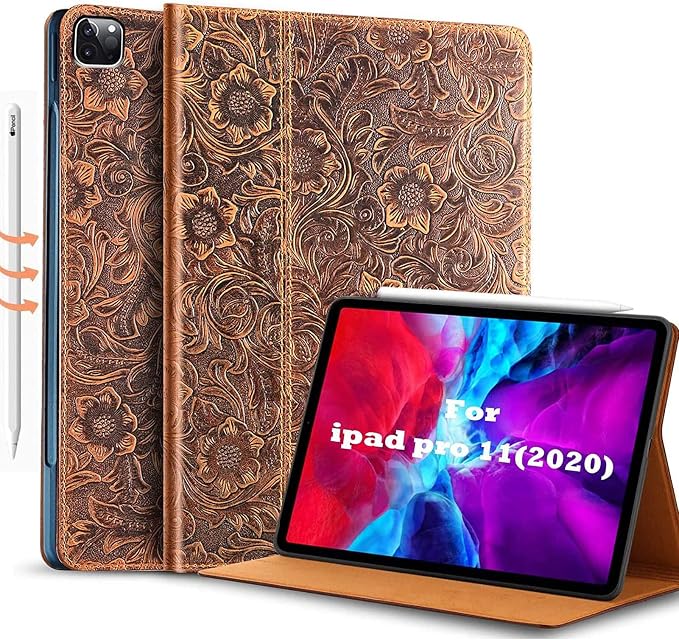 Gexmil Genuine Leather Case for iPad pro 11 Inch 2022/2021 4th/3rd Gen iPad Pro 11 2020/2018 Cover 2nd/1st Gen. CoverReal Leather Cowhide ShockproofFloral Pattern | Genuine Leather Cover for iPad P