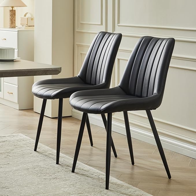 Dining Chairs Set of 4, Faux Leather Modern Linear Design Dining Chair with Metal Legs, 16.9" Seat Width Chair for Kitchen, Lounge, Reception Room, Restaurant, Commercial (Black)