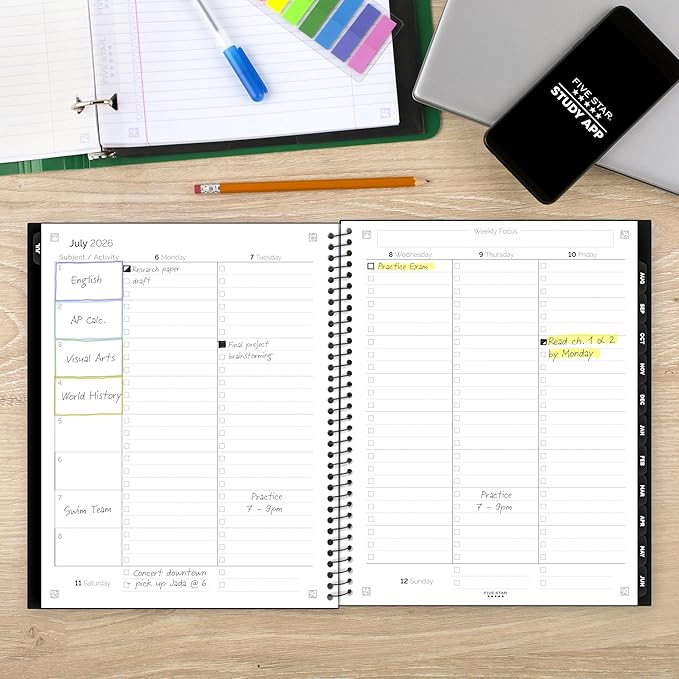 Five Star Planner 2026-2027 Weekly & Monthly Academic 12-Month July-June Advance Student Planner + Study App, 8-1/2" x 11", Black (CAW65905)