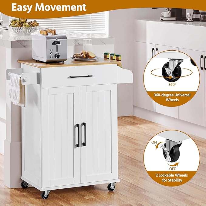 Yaheetech Kitchen Cart with Bamboo Tabletop, 32" Width Rolling Kitchen Island with Drawer and Adjustable Shelf, Storage Cabinet with Spice Rack Towel Bar for Dining Room Kitchen Living Room, White