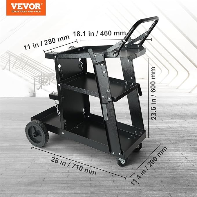 VEVOR Welding Cart, 3-Tier Welder Cart Heavy Duty with 400 Lbs Weight Capacity, 360° Swivel Wheels, Tank Storage Safety Chains, Rolling MIG Welder Cart for TIG, ARC, MMA, Plasma Cutter Welding Machine