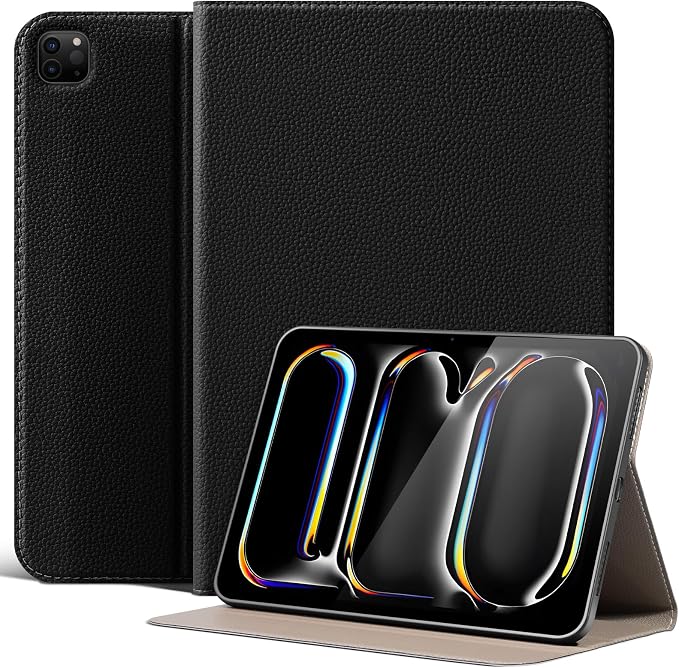 Leather Case for iPad Pro 13 (M4/M5) 2024/2025 Black | Premium Leather Business Folio Stand Cover Auto Wake/Sleep Multiple Viewing Angles