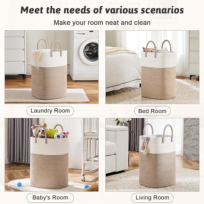 Laundry Basket,Woven Cotton Rope Laundry Hamper,Versatile Storage for Dirty Clothes,Baby Toys,and Blankets in Bathroom, Nursery,and Living Room (Brown, 60L)