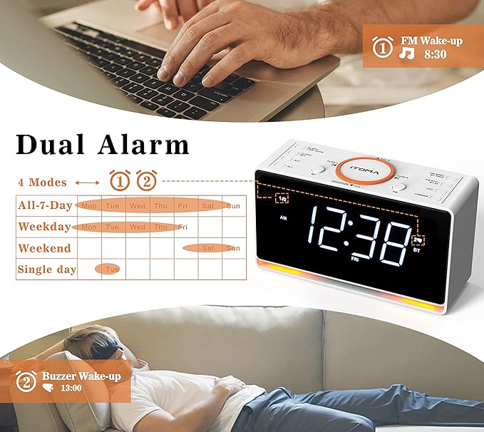 iTOMA Alarm Clock Radio, 1.4" White LED Display Clock with Bluetooth, FM Radio, Dual Alarm, Sleep Timer, Snooze, Auto & Manual Dimmer, USB Charger and Night Light CKS718