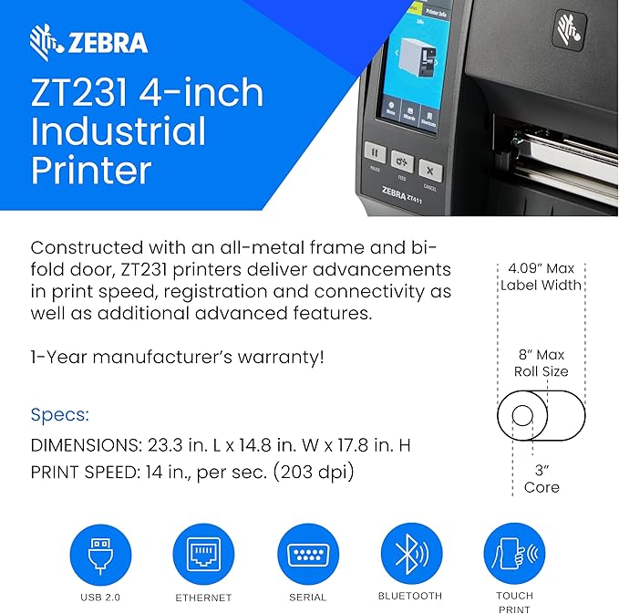 Zebra ZT231 Thermal Industrial Printer 4"| 203 DPI | No Ink Required | USB, Serial, Ethernet | Touch Color LCD | 1 Year Warranty | Thermal Transfer