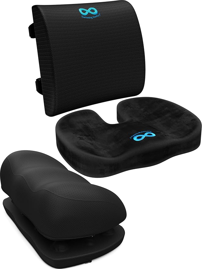 Everlasting Comfort Seat and Back Cushion with Foot Rest Bundle – Memory Foam Support for Tailbone, Sciatica, and Posture Relief in Office, Gaming, or Home Use