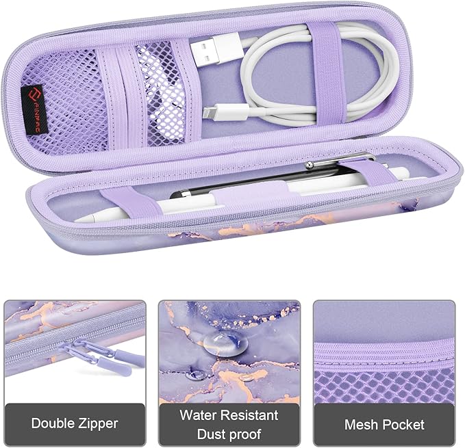 Fintie Holder Case for Apple Pencil Pro, Apple Pencil (USB-C / 1st / 2nd Generation), PU Leather Carrying Bag Sleeve Compatible with Pen, USB Cable, Samsung Stylus, Lilac Marble