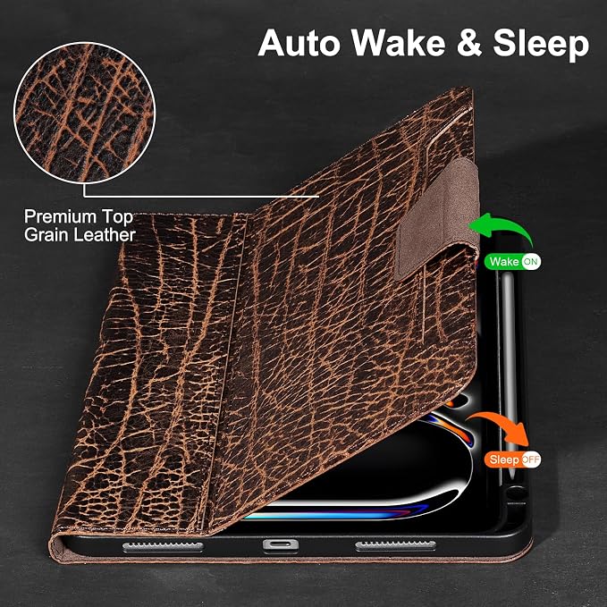 Gexmil Leather Case for iPad Pro 11 Inch M5/M4 2025/2024Crocodile Brown | Genuine Leather CoverPencil HolderMagnetic ClosureSmart Folio Auto Sleep/WakeProtectiveAdjustable Stand