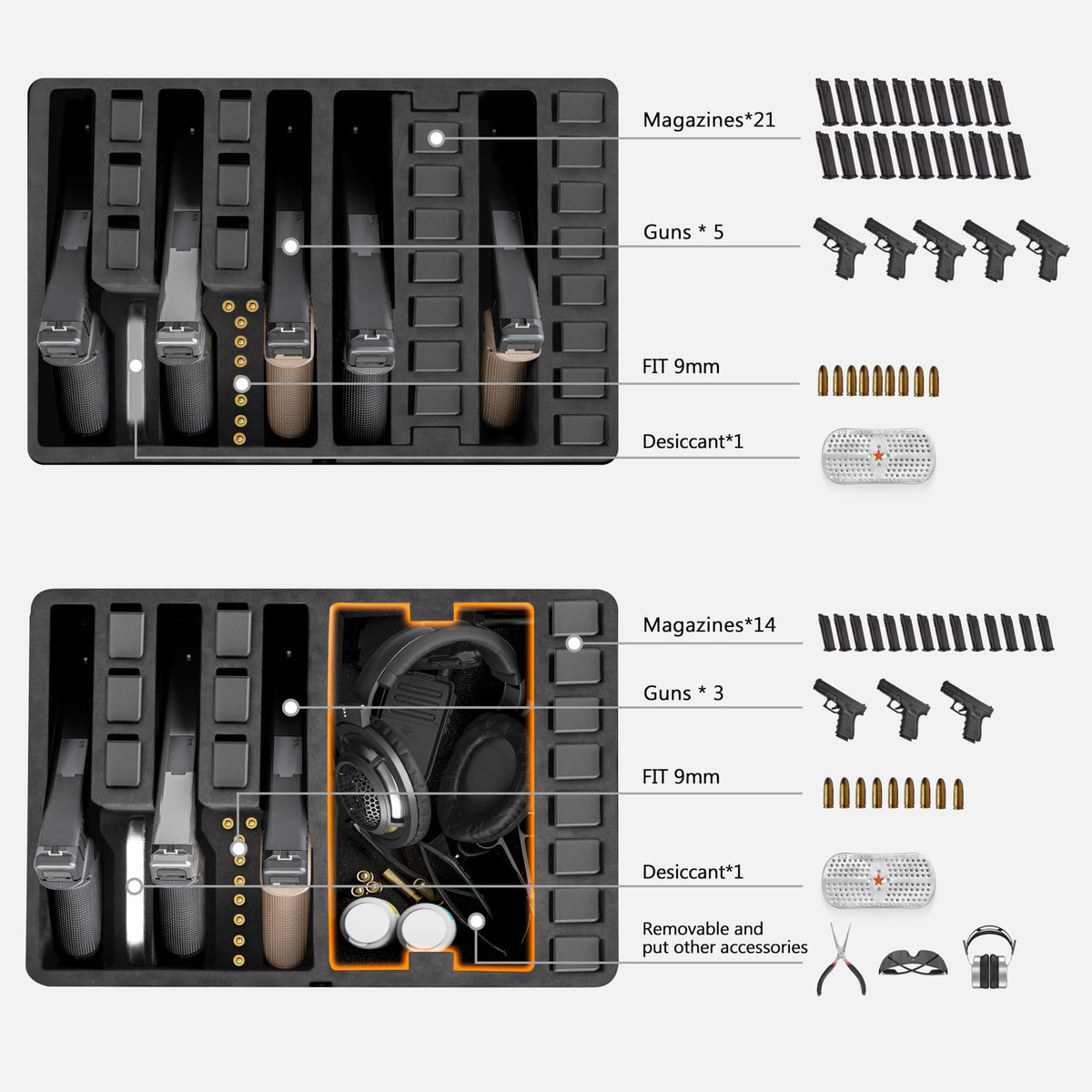 Kinghardcase Gun Case for Handguns 5 Pistol &12 Magazine Pre-Cut Multiple Pistols Shockproof Waterproof Hard Pistol Cases with Desiccant TSA Approved Firearm Travel Case