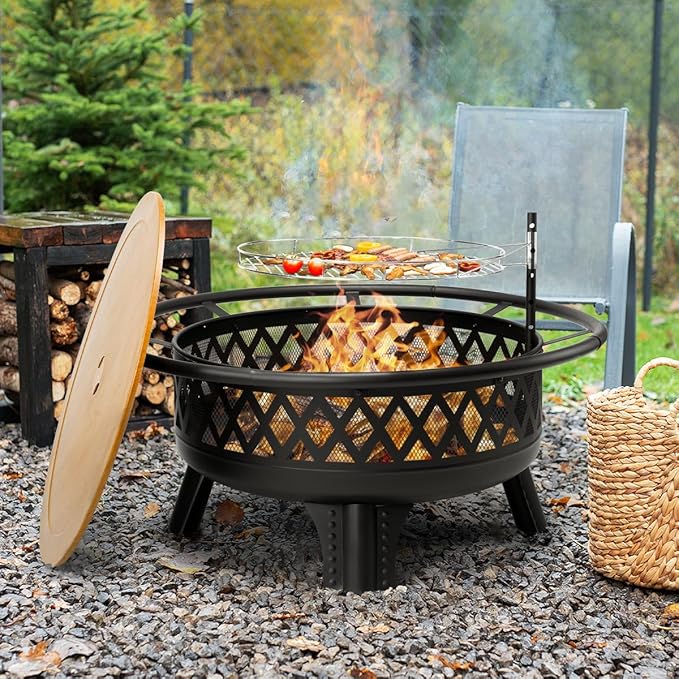 Panovue 38 Inch Wood Burning Fire Pit for Outside, Round Firepit with Grill & Metal Lid, Metal Outdoor Fire Pit Table for Patio Backyard Garden Bonfire Party