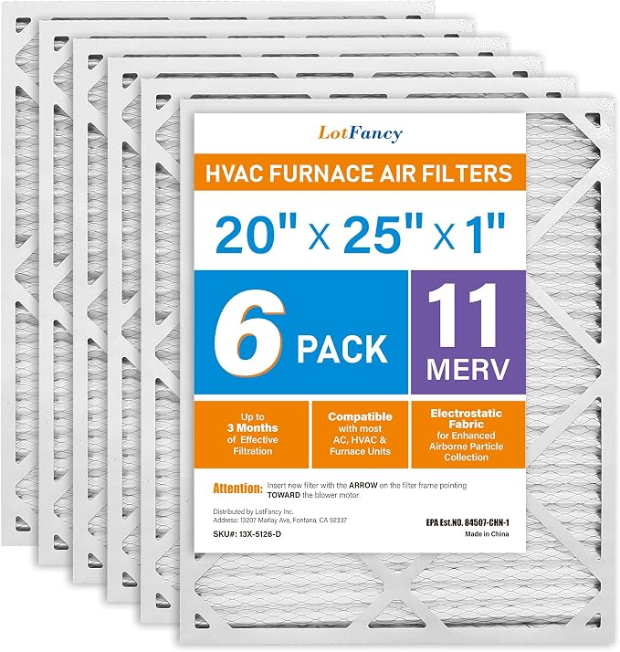 LotFancy 20x25x1 Air Filter MERV 11 6-Pack, Electrostatic Pleated AC Furnace
