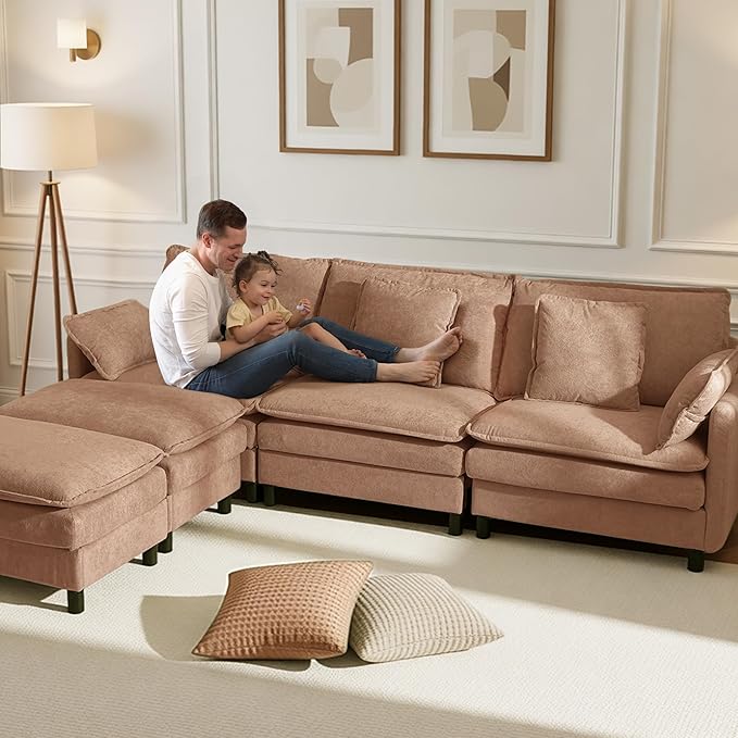 Claiks 110" Modular Sectional Sofa, Cloud Couch with Ottoman, U-Shaped 5-Seater Sofa in Chenille Fabric, Deep Seat Comfy Couch with Pillows for Living Room & Offices, Khaki