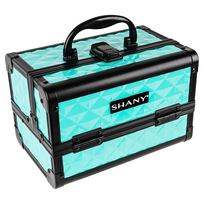 SHANY Chic Makeup Train Case Cosmetic Box Portable Makeup Case Cosmetics Beauty Organizer Jewelry storage with Locks, Multi trays Makeup Storage Box with Makeup Mirror - Turquoise