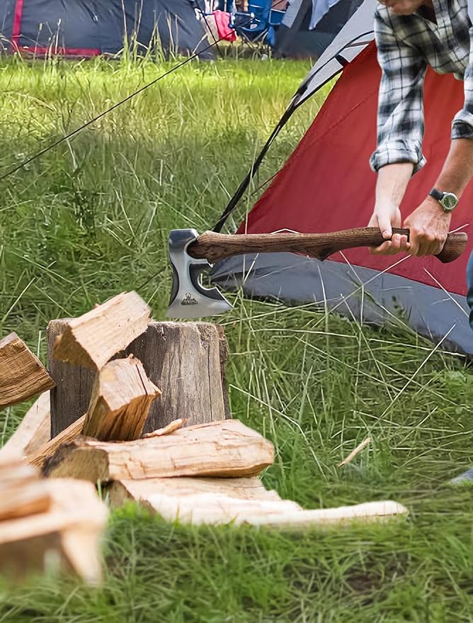 Camping Hatchet -Chopping Axe with Leather Sheath, 22.3" Forged Carbon Steel Wood Splitting Axe for Chopping Camping Survival