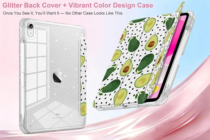 MEEgoodo Case for iPad A16 11th Generation 2025/10th Generation 2022 Glitter Tablet Cases with Transparent Acrylic Back+Trifold Stand +Pencil Holder+Auto Wake/SleepAbstract Sun &amp Palm Tree