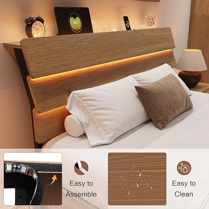 Full Size Bed with Charging Station, Floating LED Bed Frame with Wood Storage headboard, Heavy Duty Metal Slats, No Box Spring Needed, Noise Free, Easy Assembly, Walnut