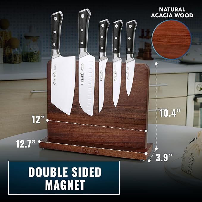 Cutluxe Magnetic Knife Block, Double-Sided Acacia Wood Knife Holder