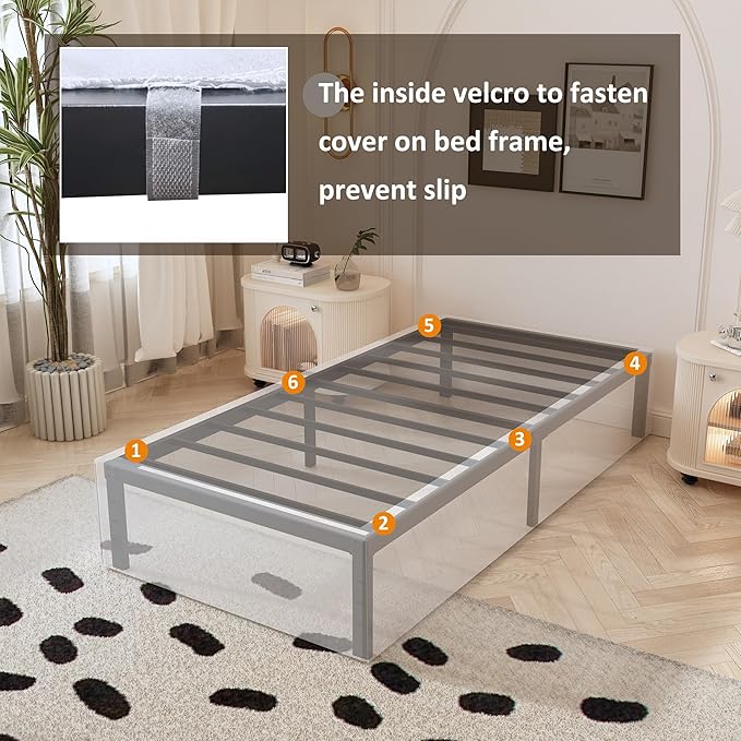 14 Inch XL Twin Bed Frame with White Fabric Cover, Heavy Duty Metal Twin XL Platform Bed Frame, No Box Spring Needed, Support Up to 2500 lbs, Easy Assembly, Noise Free, Black