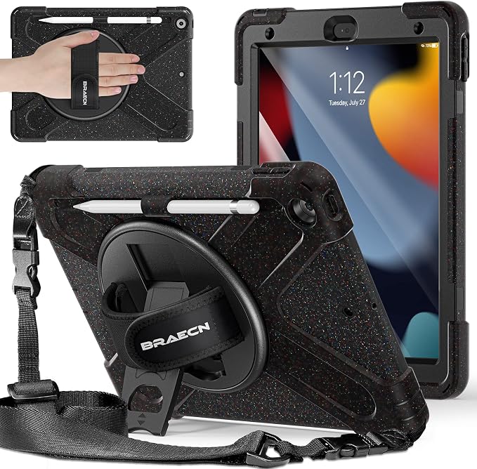 BRAECNstock Shockproof Case for iPad 9th/8th/7th Gen 10.2 Blue | All-in-1 Case Hand Strap &amp Stand Shoulder Straps Pencil Holder Screen Protector – For Office Commute &amp Presentation