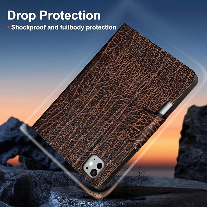 Gexmil Leather Case for iPad Pro 11 Inch M5/M4 2025/2024Crocodile Brown | Genuine Leather CoverPencil HolderMagnetic ClosureSmart Folio Auto Sleep/WakeProtectiveAdjustable Stand