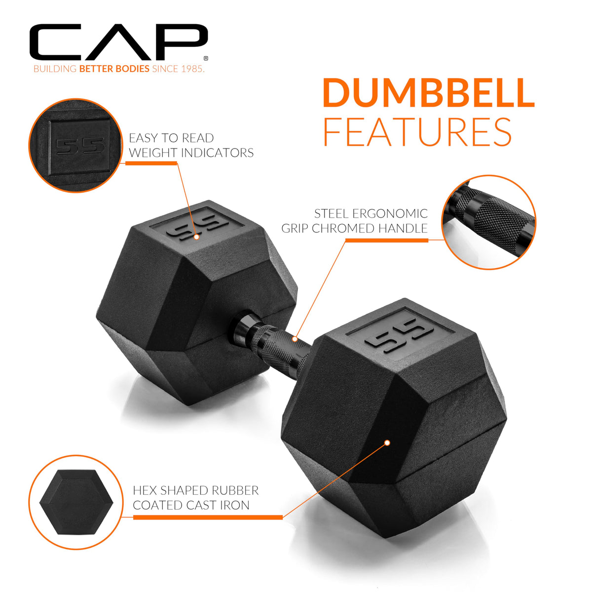 CAP 55 LB Rubber Coated Hex Dumbbell Weight, Rubber Free Weights for Home Gym Strength Training, Black Oxide Handle, Single