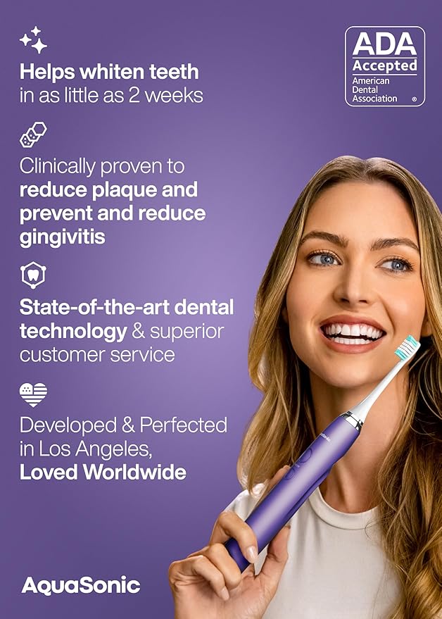 Aquasonic Vibe Series Ultra-Whitening Toothbrush – ADA Accepted Electric Toothbrush - 8 Brush Heads & Travel Case – 40,000 VPM Motor & Wireless Charging - 4 Modes w Smart Timer – Satin Violet