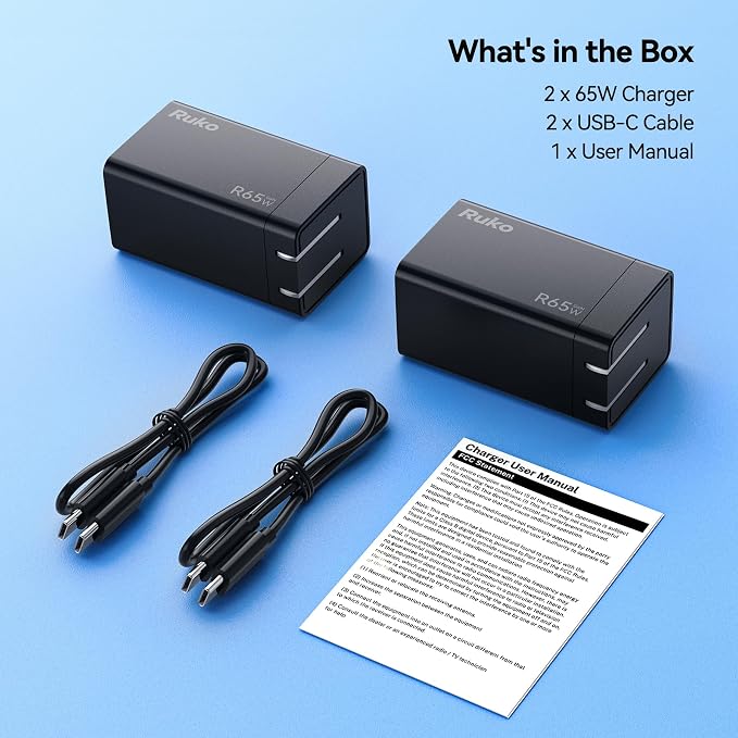 Ruko 65W USB C Charger 2-Pack GaN Fast Charger Block
