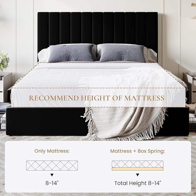 SHA CERLIN Full Size Platform Bed Frame with 4 Storage Drawers, Vertical Channel Tufted Adjustable Headboard, Velvet Upholstered, Wooden Slats Support, No Box Spring Needed, Easy Assembly, Black