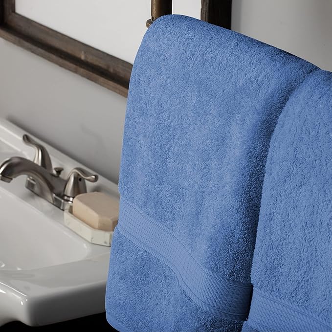 Superior Egyptian Cotton Pile Bath Towel Set of 2, Ultra Soft Luxury Towels, Thick Plush Essentials, Absorbent Heavyweight, Guest Bath, Hotel, Spa, Home Bathroom, Shower Basics, Denim Blue