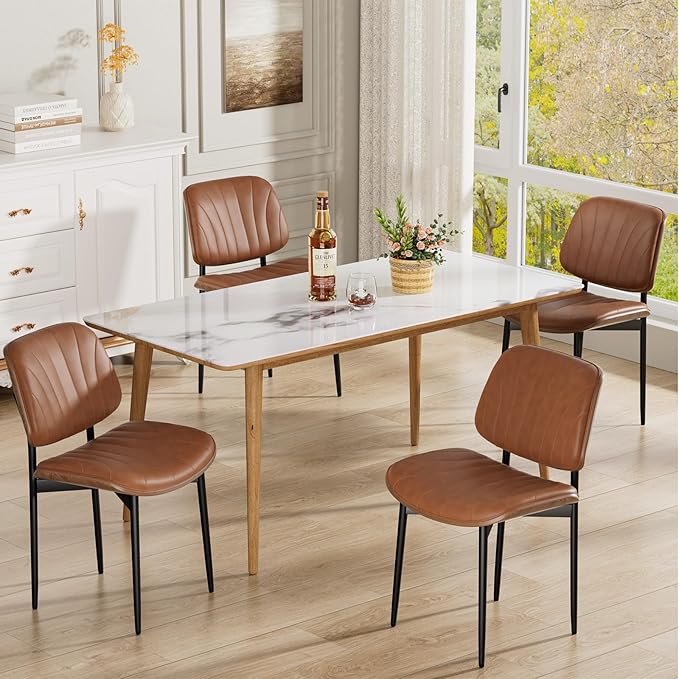 Dining Chairs Set of 4, Mid-Century Modern Upholstered PU Leather Chairs with Walnut Bentwood Back and Metal Legs Adjustable Feet for Kitchen Dining Room, Camel Shell Strips