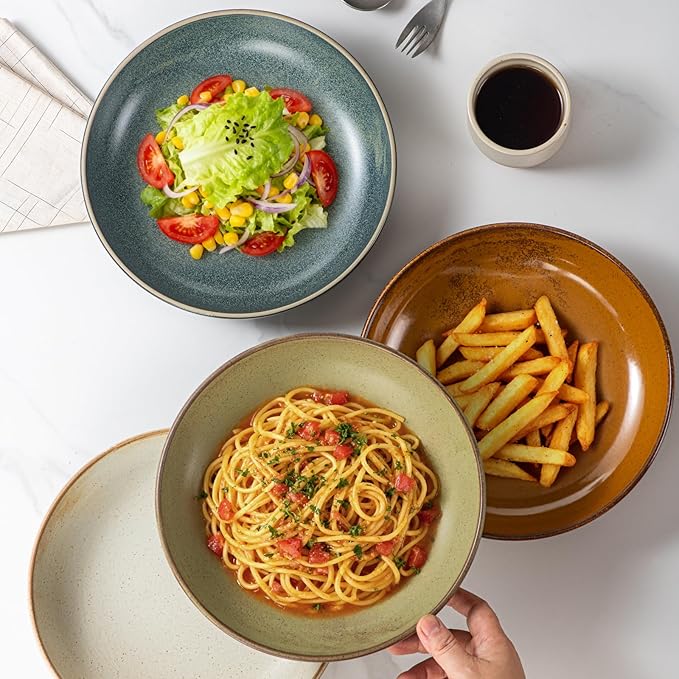 HAPPY KIT 9'' Pasta Bowls, 42oz Pasta Bowls Set of 4, Large Salad Bowl, Ceramic Serving Bowls,Double Reactive Glaze, Ideal for Housewarming, Festivals, Microwave Safe (Peacock Blue)
