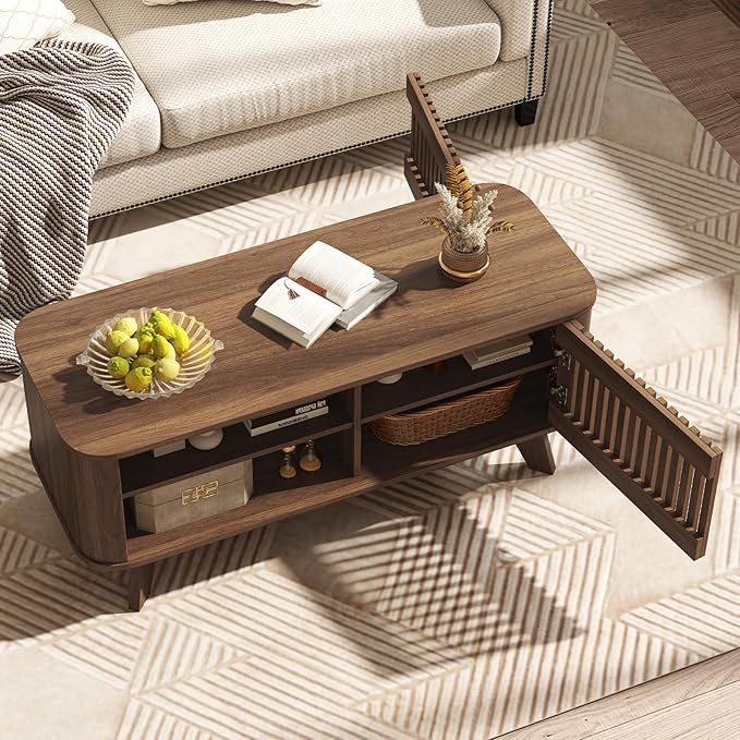 Giantex Coffee Table with Storage, Mid Century Modern Tea Table with Adjustable Shelves & 2 Doors, Wood Coffee Tables w/Fluted Design, Rectangular Farmhouse Center Table for Living Room, Bedroom