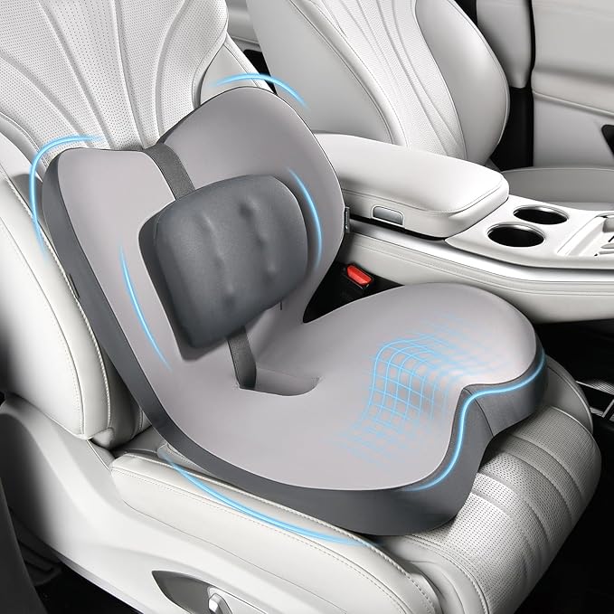 FLORICH 2 in1 Truck Seat Cushion and Lumbar Support Pillow Memory Foam Car Seat Cushion with Adjustable Strap for Truck Driver Long Drives, Fits Semi Truck Seat,Car,Office&Gaming Chair(Light Black)