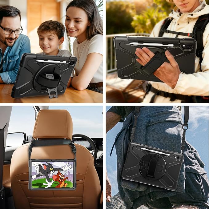 Gerutek Case for Samsung Galaxy Tab S10 FE+/ S10 FE Plus 2025 13.1 Inch Full-Body Drop Protective Case with Screen Protector Pen Holder 360° Rotate Hand Strap &amp StandShoulder Strap Black