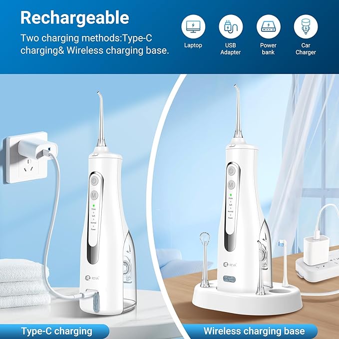 R REVA Cordless Water Flosser for Teeth, Gums & Braces – 4 Modes, 300ML Tank, 360° Nozzle, IPX7 Waterproof, USB Rechargeable 2000mAh Battery for Home & Travel (M149 Pro White)