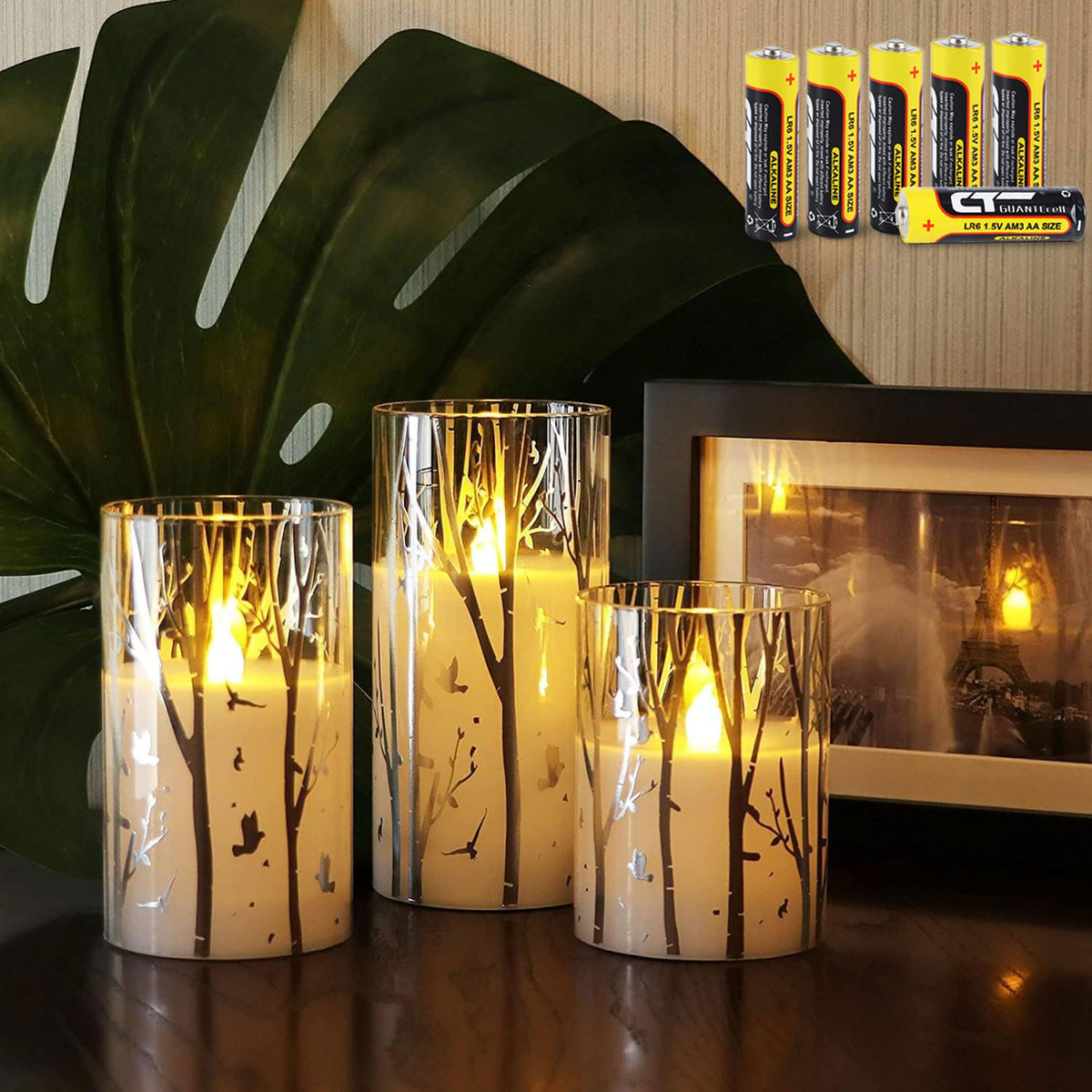 Rhytsing Birch Design Glass Battery Operated LED Candles with Timer, Flameless Pillar Candles Spring & Summer Decor- Include 6 Batteries