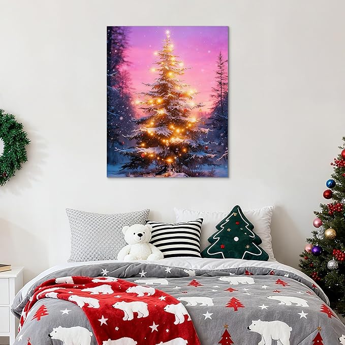 Framed Christmas Pictures Wall Decor,Vintage Pine Tree Prints,Winter Christmas Canvas Wall Art Decoration for Bedroom Bathroom Living Room Rustic Xmas Holiday Gifts (Christmas Tree 18, 24'' X 36'')