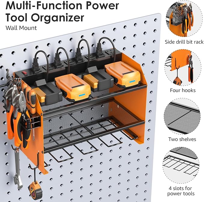 CCCEI Set Power Tool Organizer Wall Mount with Charging Station. Garage 4 Drill Storage Shelf with Hooks, Heavy Duty Metal Tool Battery Charger Organizer. Shop Utility Rack with Power Strip Orange.
