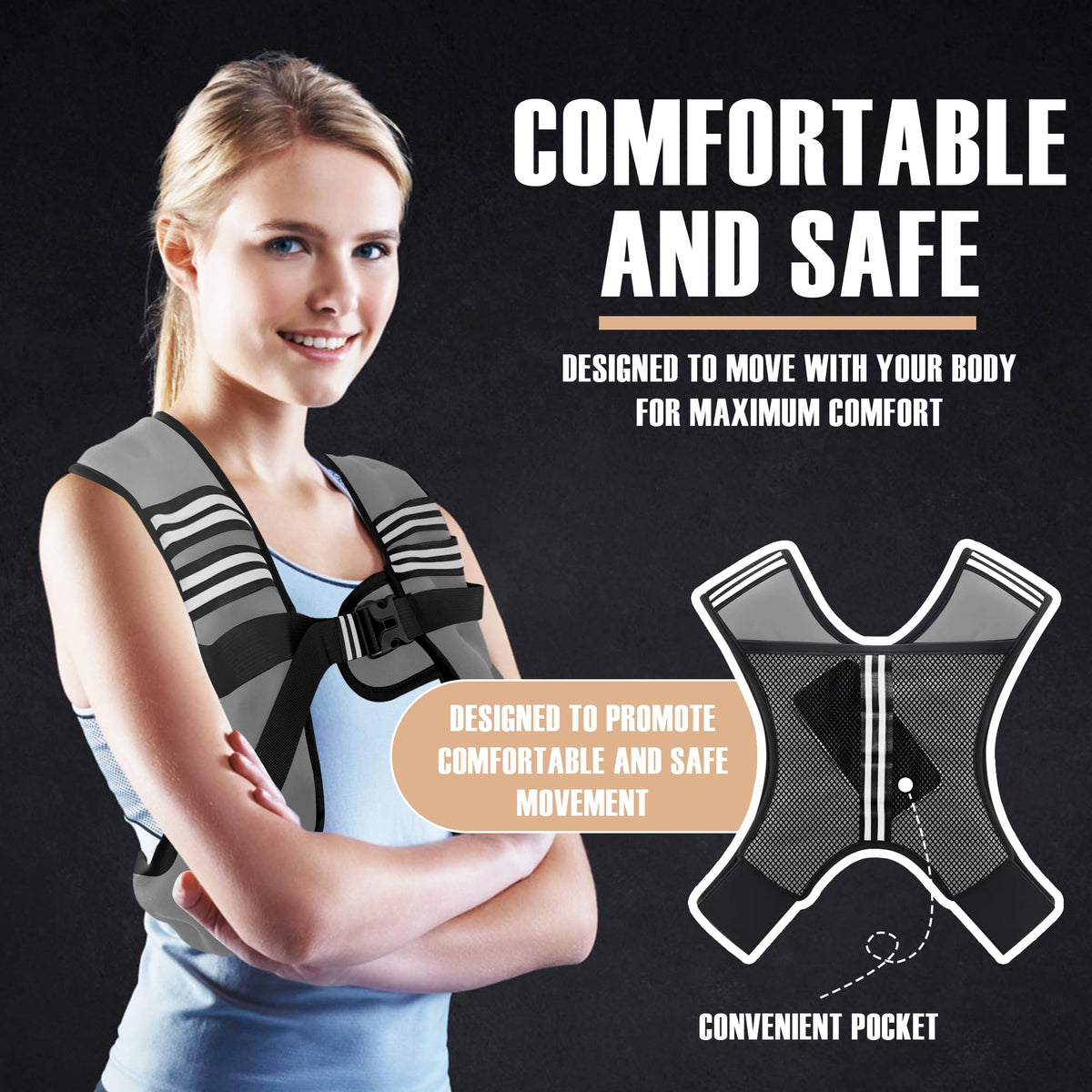 NATURELUX Weighted Vest with Reflective Stripe and Adjustable Buckle Straps, Grey, 10 lbs